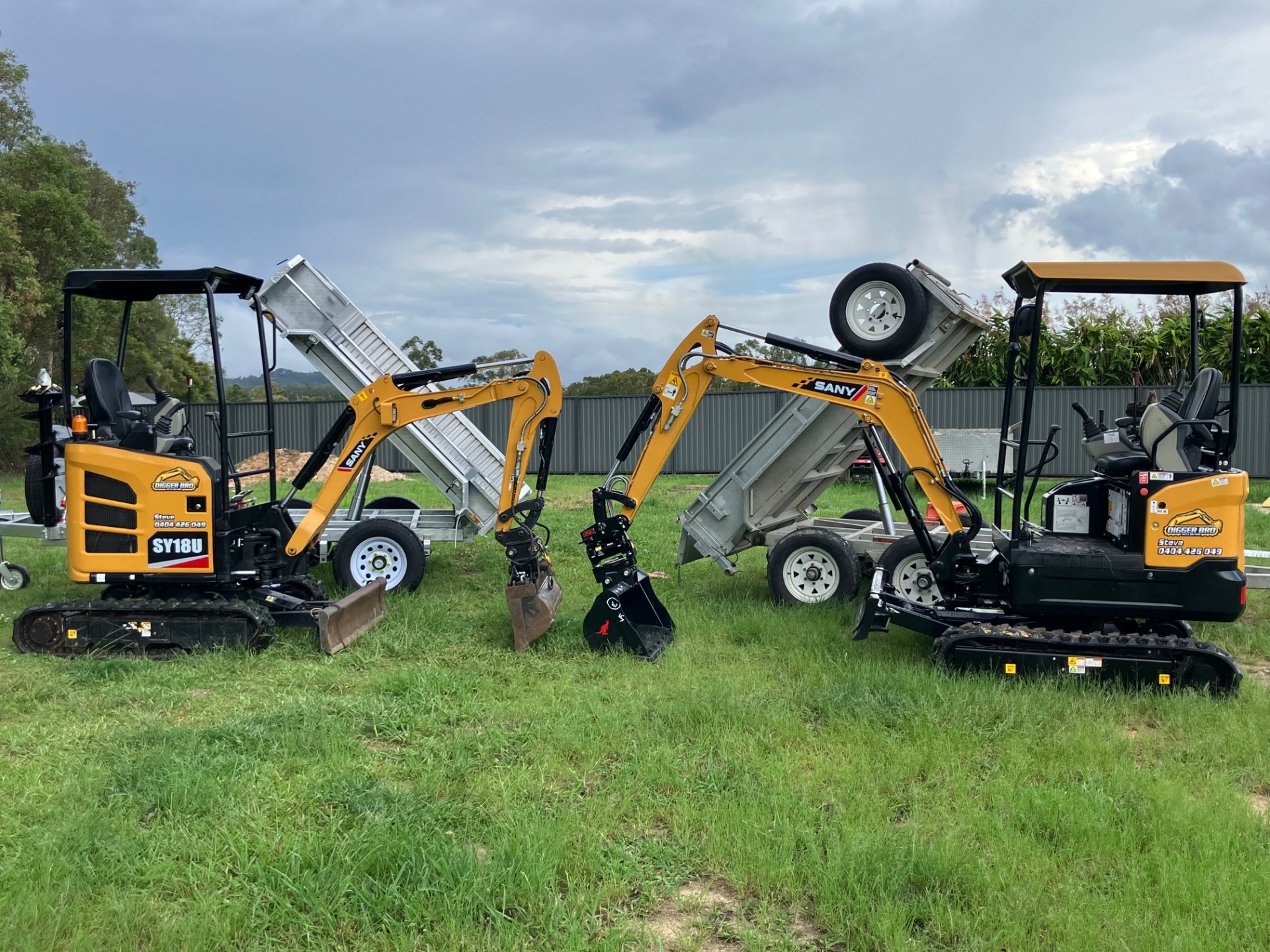 Digger Bro mini excavators and tipper trailers lined up for hire